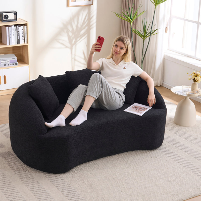 Canapé à compression 2 places en chenille avec 3 coussins et mise à niveau du dossier, Chenille noir
