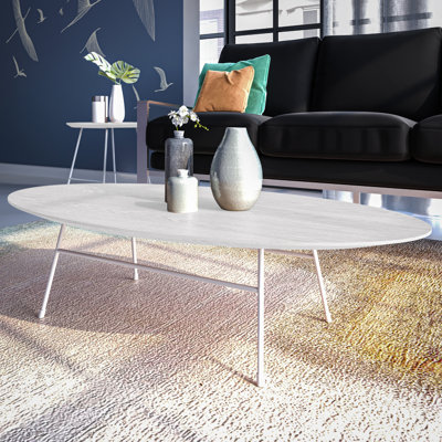 Table basse ovale de 46 po Rossmore - Plateau en placage de bois de frêne avec base en acier inoxydable blanc