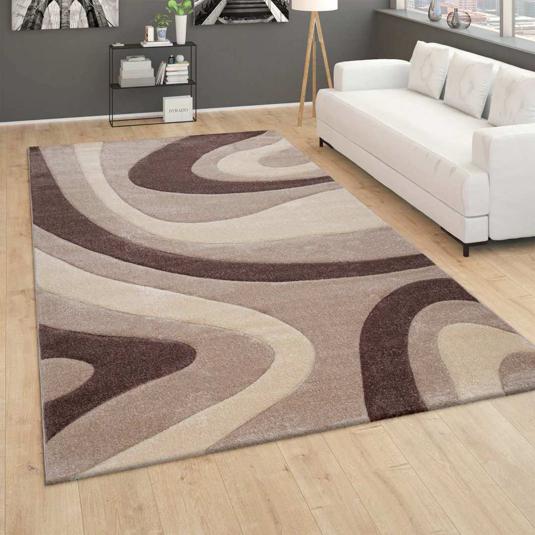 Teppich Wohnzimmer Kurzflor Modernes Abstraktes Wellenmuster 3D Optik Beige Braun