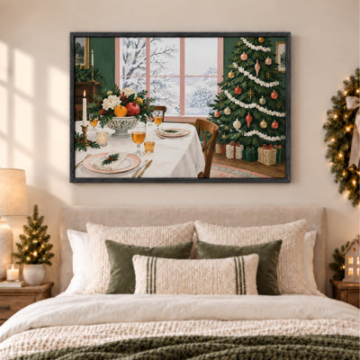 Table de salle à manger avec arbre et fenêtre enneigée, art mural sur toile de Noël