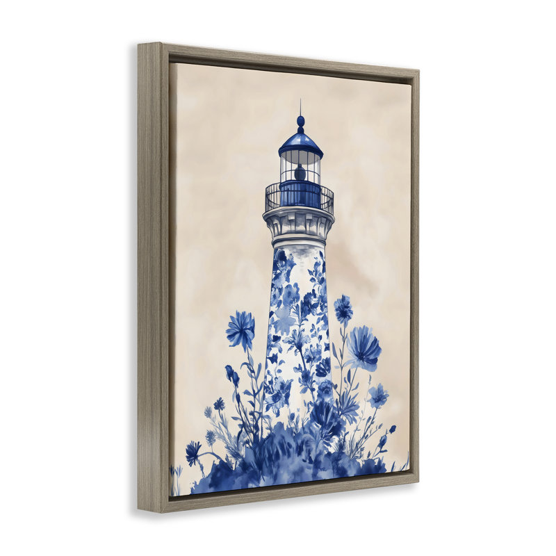 Cadre flottant bleu avec phare floral, design par Arlington Prints, Cadre flottant orme Montalcino, H 21 po x l 17 po