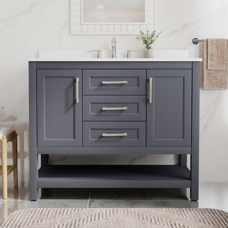 Meuble-lavabo simple 41 po avec comptoir en pierre d'ingénierie blanche Bombay, dosseret et tablette ouverte