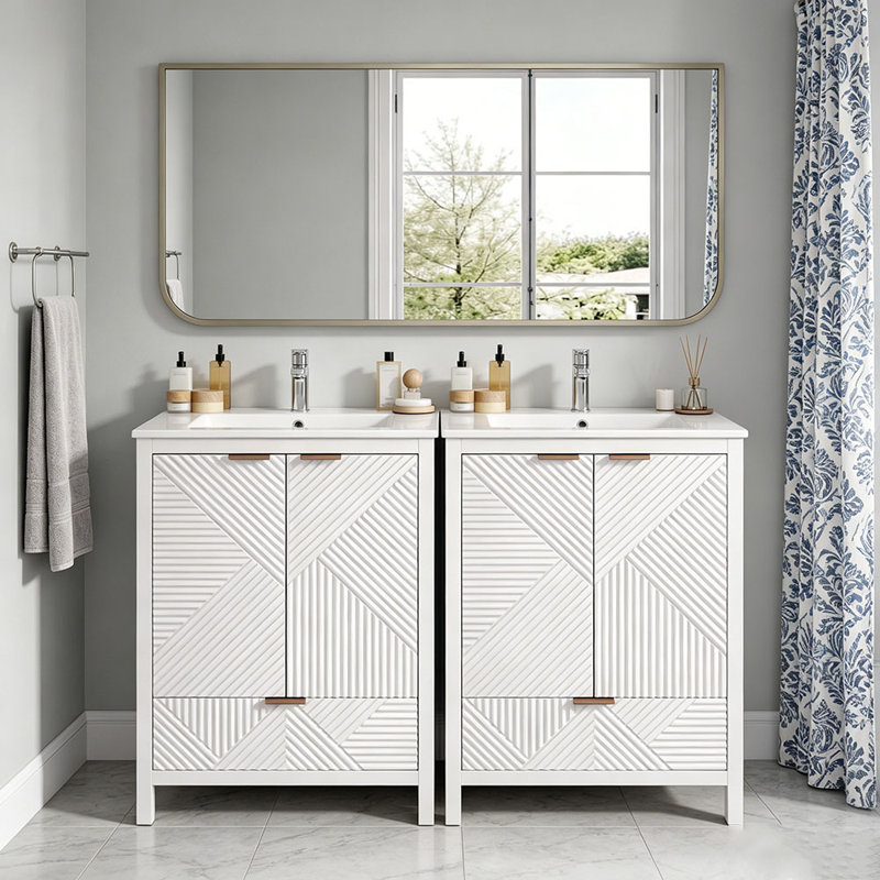 Ensemble de meuble-lavabo 48 po, meuble-lavabo moderne avec trou de robinet simple, panneaux de porte texturés et tiroir, pieds en pin, grand espace de rangement et charnières à fermeture en douceur