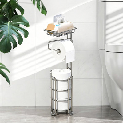 Porte-papier hygiénique sur pied avec tablette de rangement - Argent