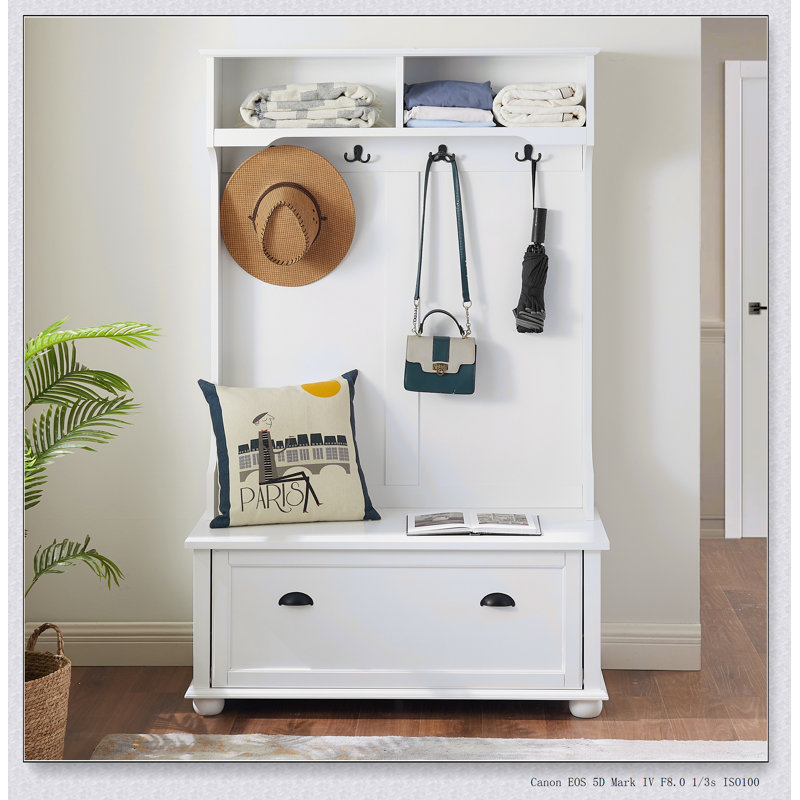 Banc d'entrée pour vestibule avec tablettes ouvertes et armoires à chaussures Classic Coastal Style, Blanc