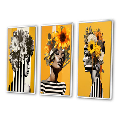 Vintage Minimalism Striped Woman Flowers - Woman Floral Art Set Of 3 Pieces