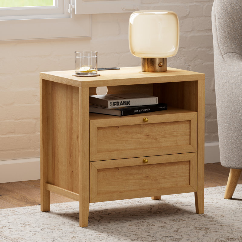Farmhouse Nightstand With 2 Drawers And Charging Station, Individual, Oak