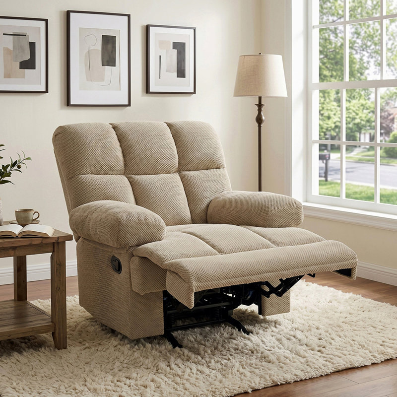 Fauteuil inclinable manuel moderne à bascule, avec revêtement en tissu nubby pour le salon, Camel