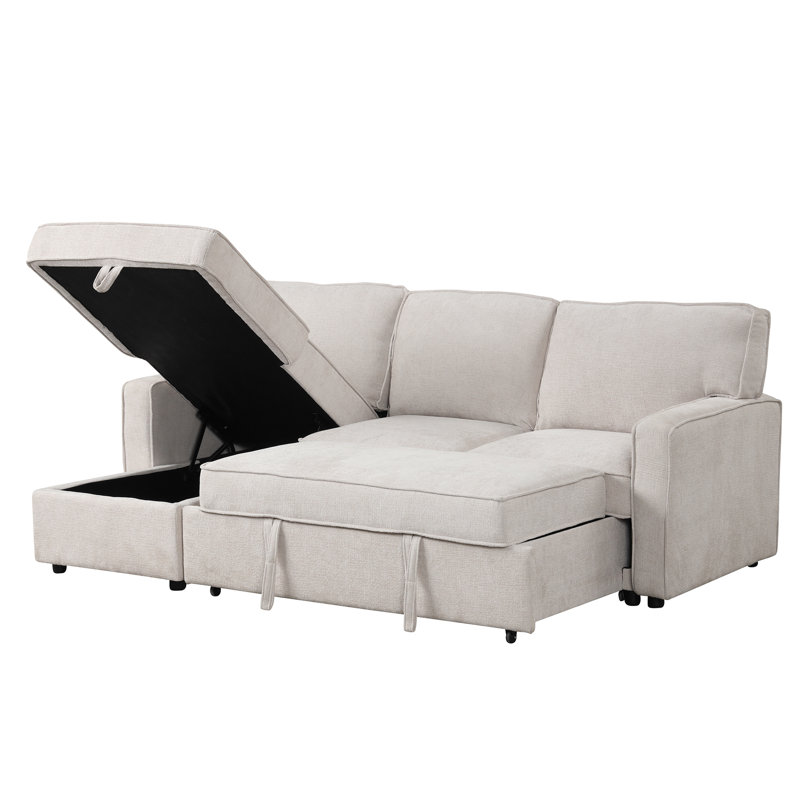 Upholstery Sleeper Sectional Sofa With Storage Space, USB Port, 2 Cup Holders On Back Cushions, Beige Polyester