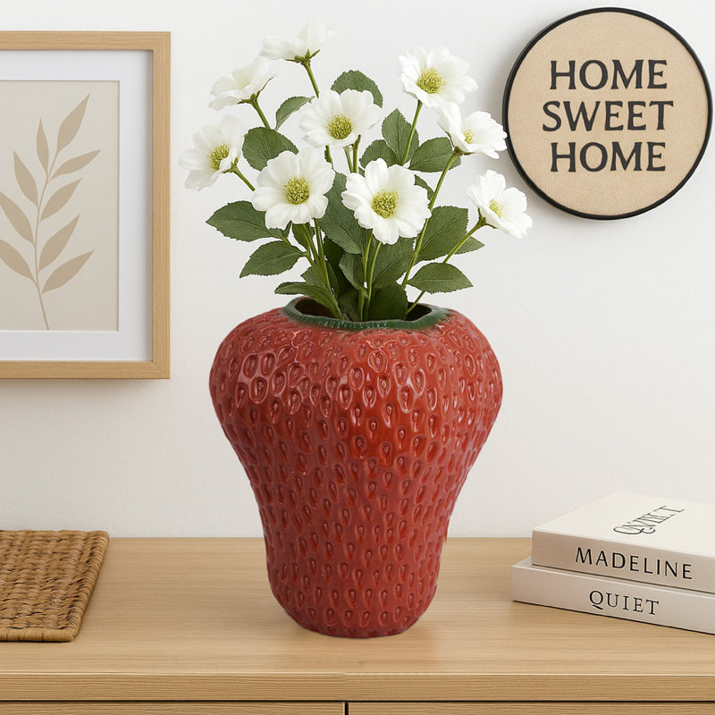 Vase à fleurs Kema, accent de fraises, céramique rouge 15 pouces