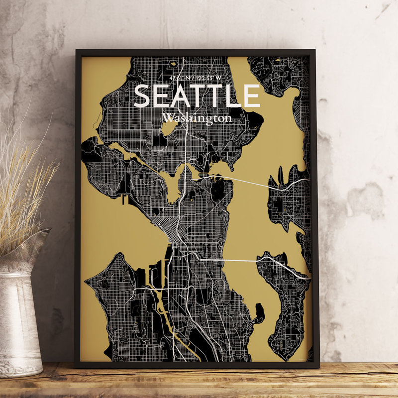 « seattle city map », reproduction d’impression sur affiche en luxe, H 17 po x l 11 po x P 0,05 po