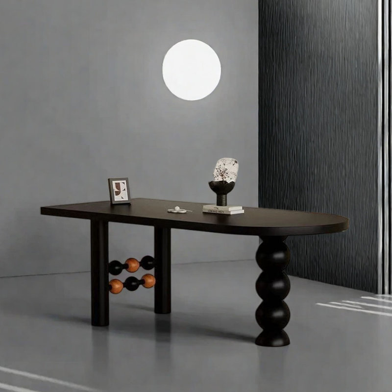 Black Half-Moon Solid Wood Dining Table, 29.5"H x 70.9"L x 31.5"W