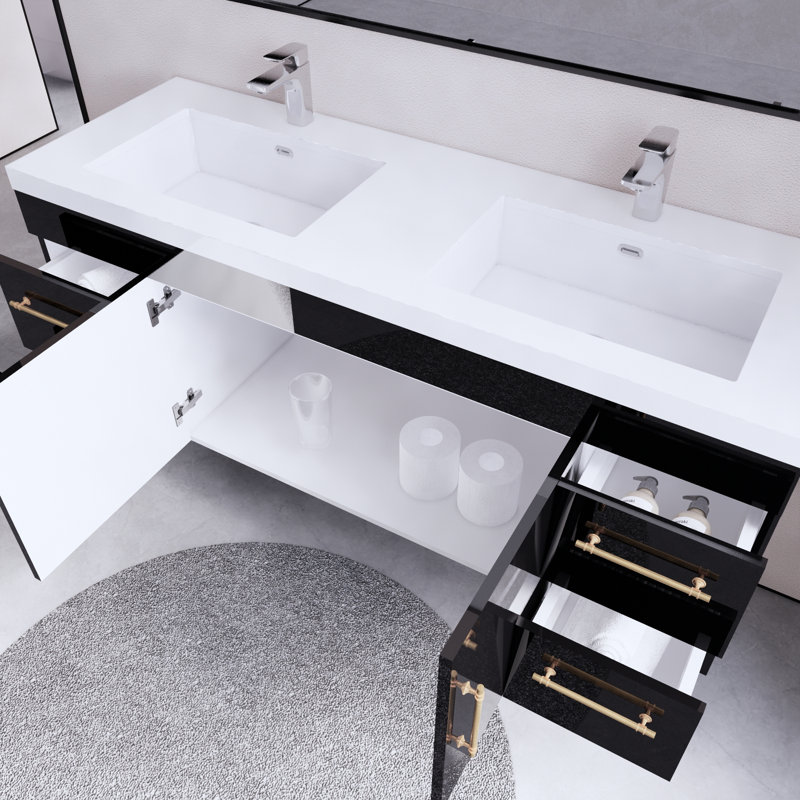 59.05'' Double Bathroom Vanity with Acrylic Top, Glossy Black