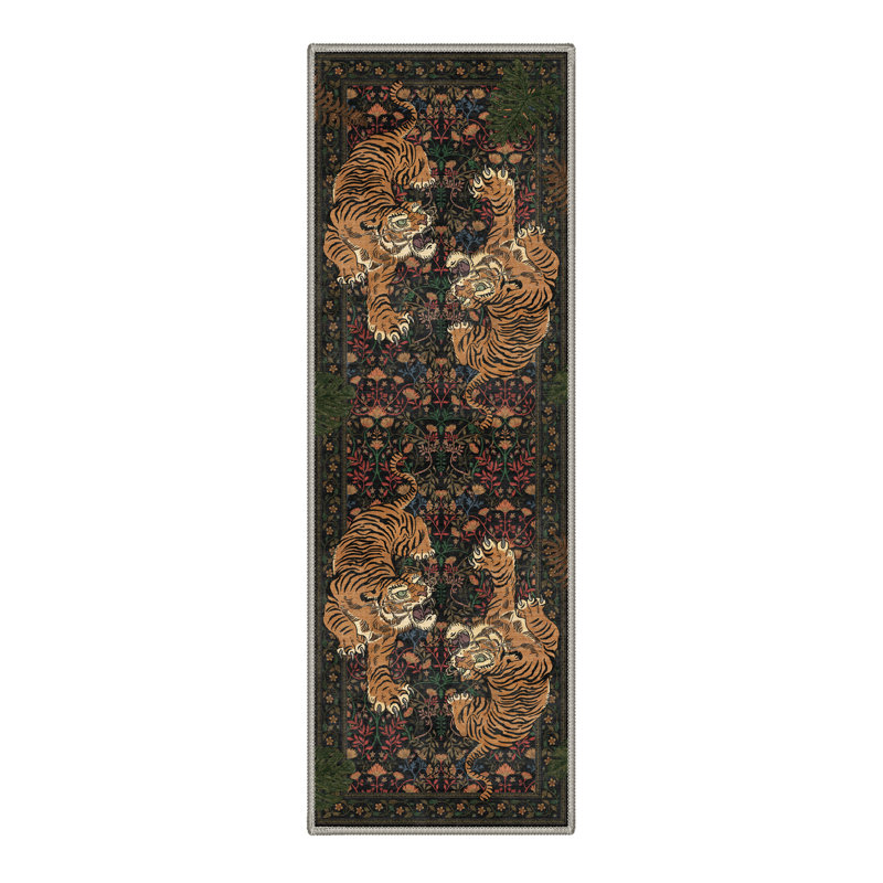 Teiarra Tigris Animal Print Machine Washable Clashing Tigers / Obsidian Moss Indoor Area Rug With Non-Slip Backing