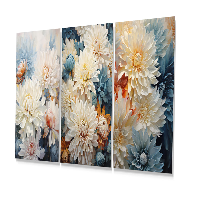 White Mums In Blue Dream - Mums Metal Art Print Set Of 3, 32" H x 48" W