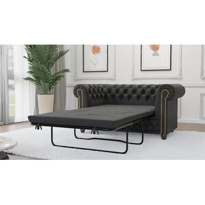 Chesterfield Friedrich 2 Seater Sofa with Sleeping Function Made of Vintage Look Microfibre with Solid Wood Legs