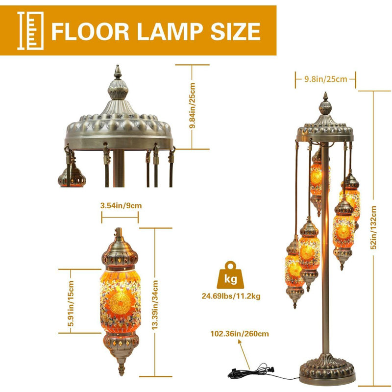 52" Turkish Mosaic Floor Lamp with Handmade Stained Glass Bohemian Design, 5 Shades 6 E12 Bulbs Included, Vintage Ethnic Decor for Living Room, Bedroom & Gifts