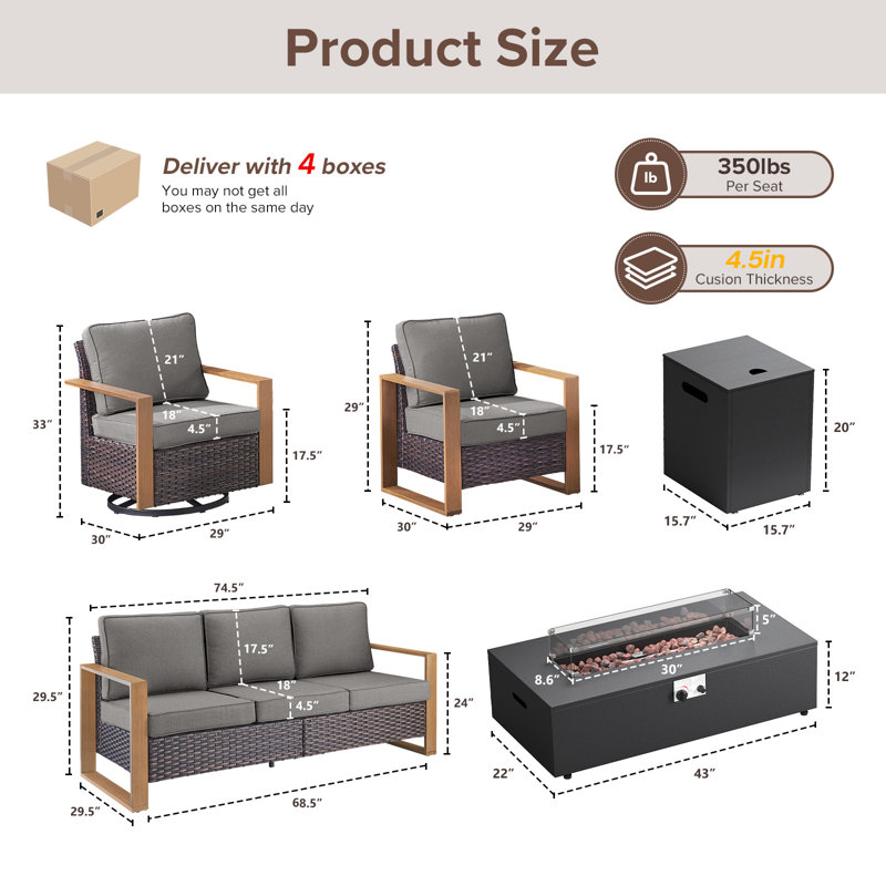 Drazen 7 - Person Patio Furniture Set With Fire Pit Table, All-Weather Wicker Outdoor Conversation Set With Chair And Thick Cushions