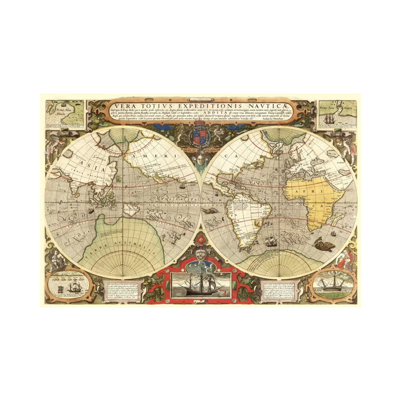 Historical Map Of The World (1595) by Unknown Artist - Wrapped Canvas Painting, 66.04 cm H x 45.72 cm W x 1.91 cm D