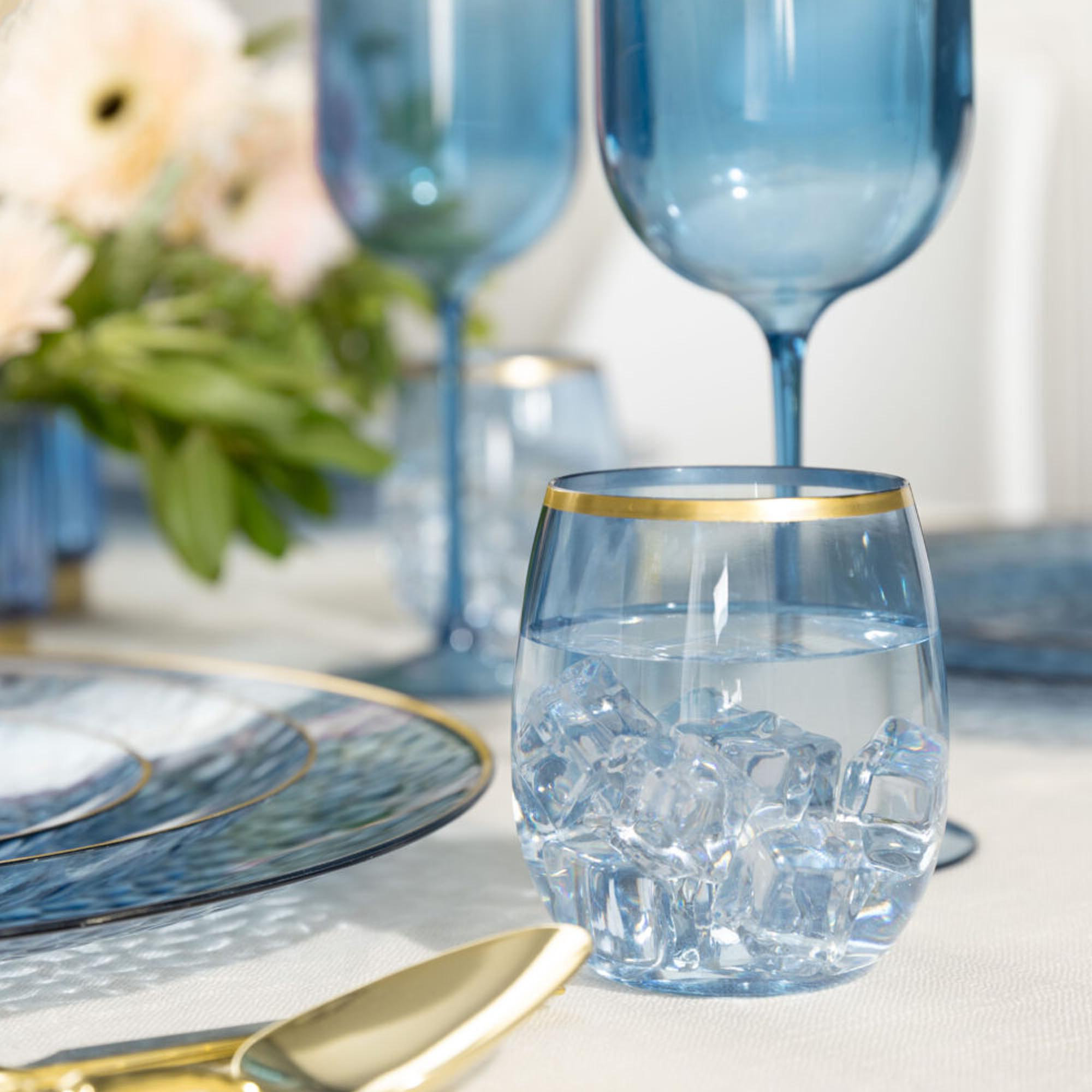 Ecoquality 12 Oz Blue Plastic Stemless Wine Glasses With Gold Rim 48 Guests | Wayfair