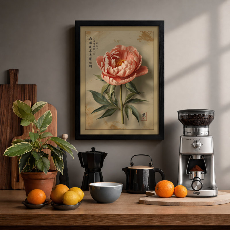 Peony in Bloom Japandi - Framed Print, A2 - 59.4 x 42.0 cm, Black