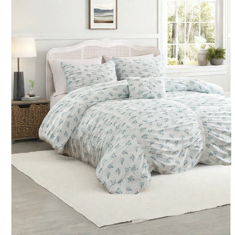 Ensemble de literie bleu pour lit double/queen, couette florale froncée en microfibre pour chambre à coucher