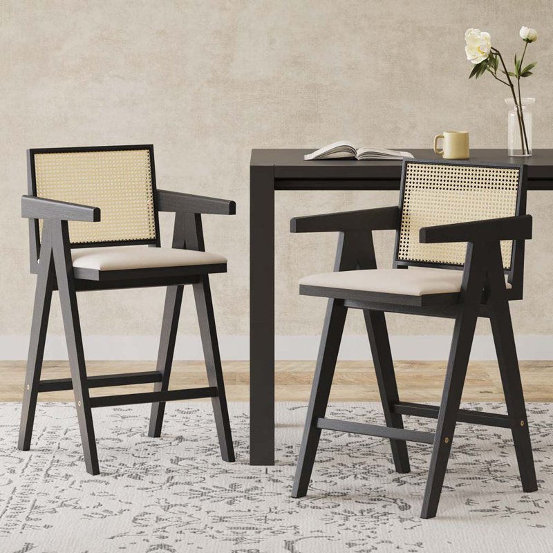 Woven Cane Plastic Backrest Bar Stool, Black, Cream Grey