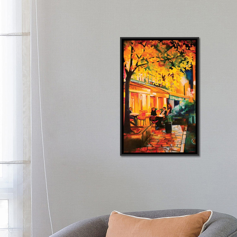 " Corner Cafe " by Maxine Shore, 26" H x 18" W x 1.5" D, Black Framed Canvas, No Matte