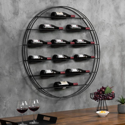 12-Bottle Modern Black Metal Round Wall Mounted Wine Rack – 6-Tier Horizontal Storage Shelf For Kitchen, Living Room & Wine Cellar – Space-Saving Wall Decor & Cork Preservation