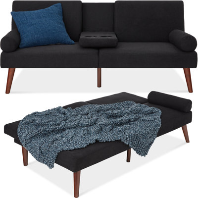 Isamu Fabric Upholstered Convertible Futon w/ Rounded Armrests, Wooden Legs, 2 Cupholders by Ebern Designs
