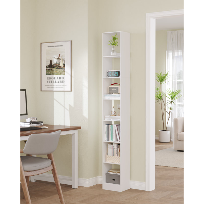 Bookcase, Tall Narrow Bookshelf, Wooden Bookcase with Open Storage Shelf, for Living Room, Home Office, Bedroom, White