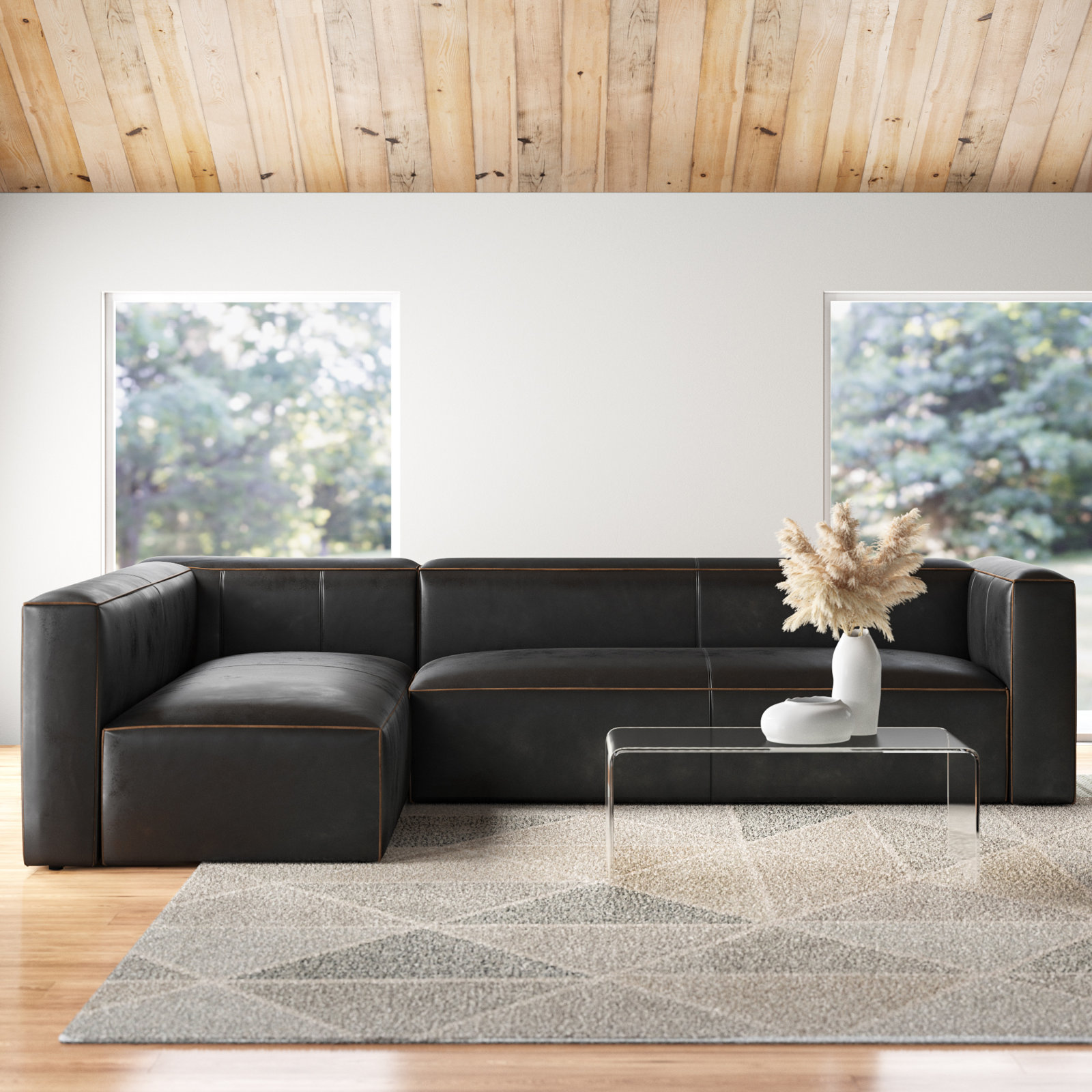 Strom 120" Genuine Leather Sectional, Left Hand Facing, Natural Washed Sand Top Grain Leather