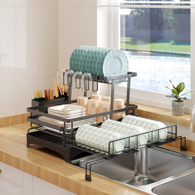Égouttoir à vaisselle pliable à 2 niveaux escamotable, égouttoir à vaisselle en acier inoxydable antirouille avec porte-ustensiles, organisateur de comptoir de cuisine compact pour petite cuisine