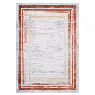 6X9 Brown/Ivory/Bordered Non-Shedding Living Room Bedroom Dining Home Office Stylish And Stain Resistant Area Rug