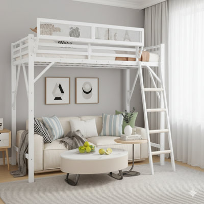 Queen-Size Elevated Bed (Loft Bed) With An Attached Ladder. A Metal Queen Loft Bed Featuring Storage Shelves. A High Loft Bed Suitable For Kids And Teens. White Finish.