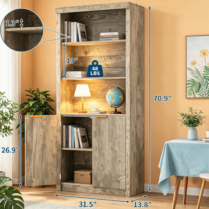 Bibliothèque de 70,9 po de hauteur avec portes cannelées, étagères de présentation à 5 niveaux avec armoire de rangement et tablette réglable, bibliothèques de style Mid-Century moderne pour le bureau à domicile et le salon.
