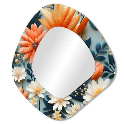 Terre cuite chaude et motif floral floral bleu I - grand miroir mural de forme irrégulière, miroir décoratif asymétrique bleu, impression d'art en métal