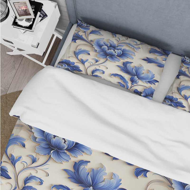 Ensemble de housse de couette motif ornemental bleu à motif victorien II, Housse de couette simple + 1 taie décorative stan