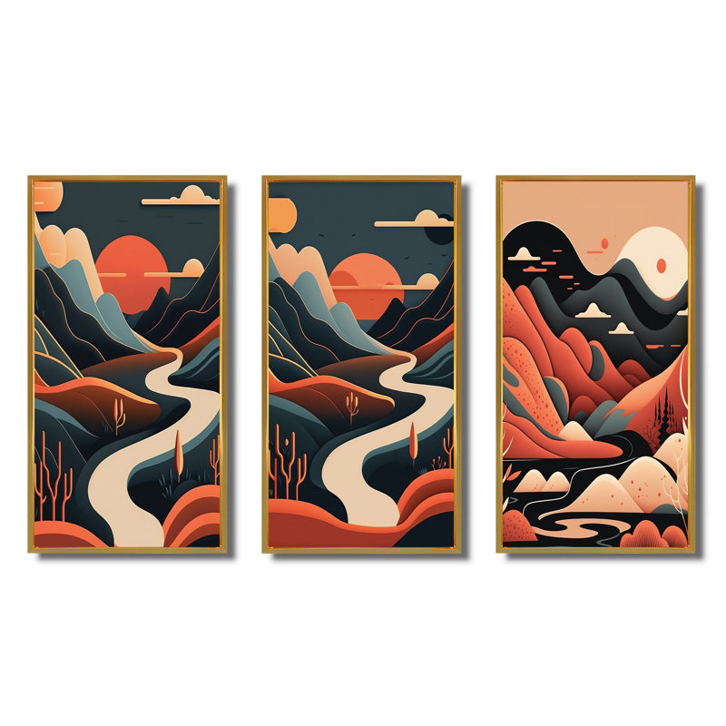 «Pine Tree In Graphic Terra Cotta Mountain Landscape», 3 pièces sur toile, Cadre flottant doré, H 40 po x l 60 po