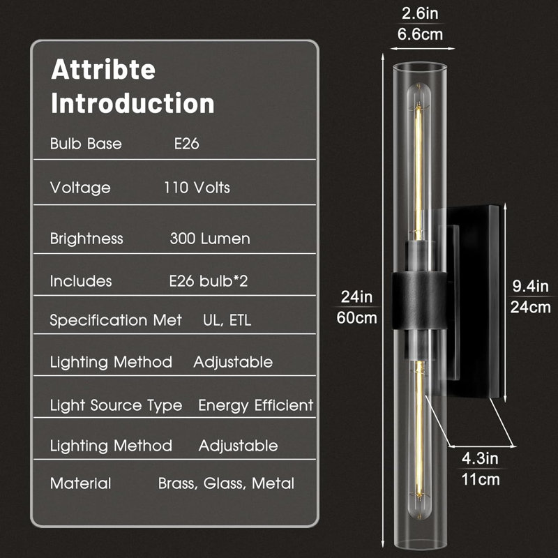 Luminaires de meuble-lavabo modernes avec appliques en tube de verre, lampes murales de base pour chambre à coucher, salon et couloir