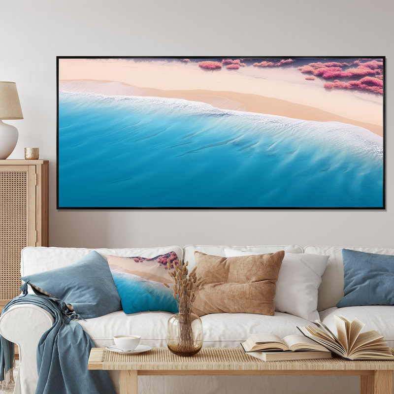 Vagues tropicales vue aérienne II - plage et océan, art mural, Cadre d'angle fermé noir, H 34 po x l 44 po x P 1,5 po