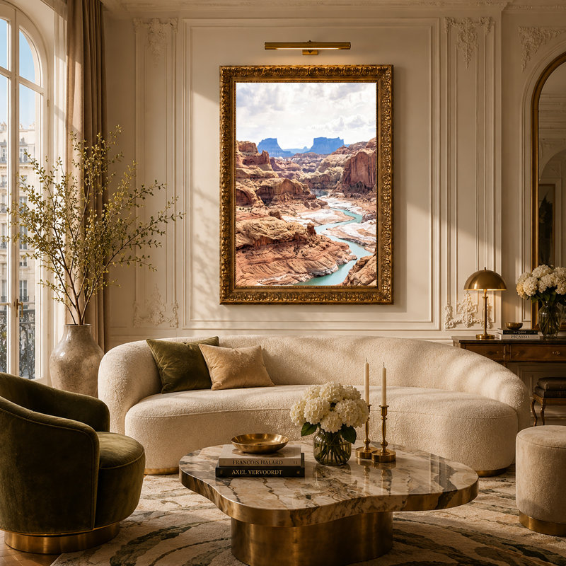 «Red Sandstone Canyon», art mural sur toile avec rivière turquoise et montagnes bleues, H 32 po x l 48 po