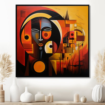 Minimal Geometric Portrait In Yellow And Red - African Mask Wall Art