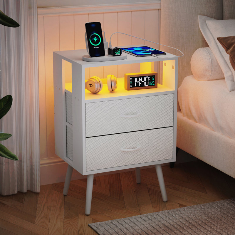 Ensemble de 2 tables de chevet modernes avec station de charge, table de chevet avec table à DEL et tiroirs en tissu