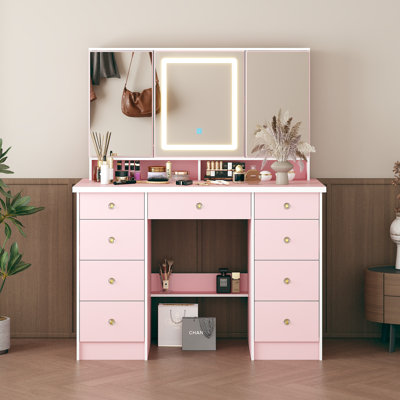Pink Matte Vanity Dresser With LED Lighted Mirror & Crystal Knobs