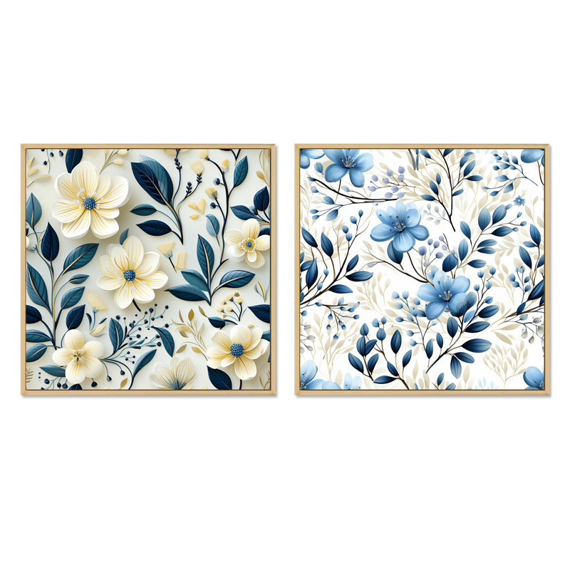 Coastal Elegance V - Ensemble de 2 collages carrés floral et botanique, Cadre flottant brun, H 30 po x l 61 po