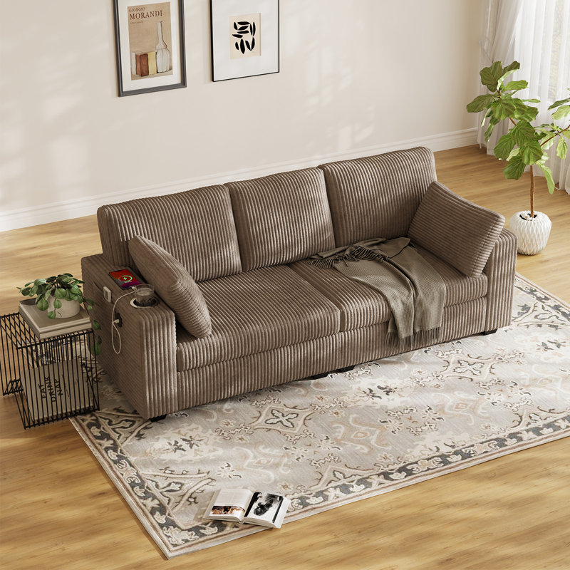 80"W Corduroy Sofa with Cup Holders, Storage Pockets and USB Ports  - Brown Couch, Light Brown
