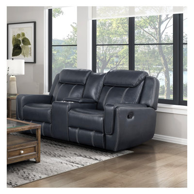 Causeuse inclinable moderne double bleue avec console centrale, ports USB et porte-gobelets, revêtement en similicuir