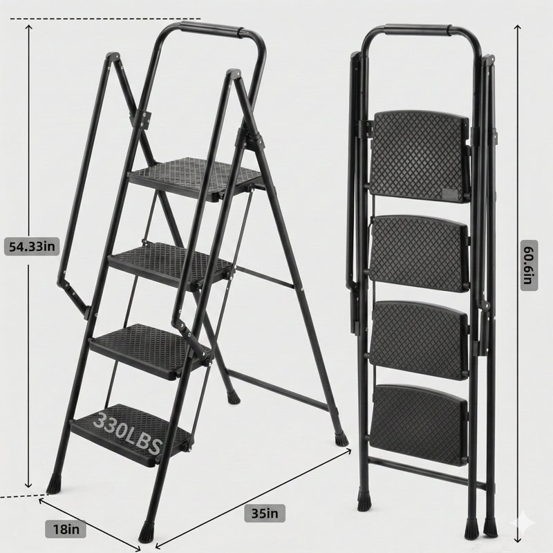 Tabouret pliant à quatre marches fabriqué à partir de matériaux légers, équipé de larges pédales antidérapantes et d'une main courante de sécurité, en acier robuste, conception polyvalente convenant à la maison, à la cuisine et aux bureaux.