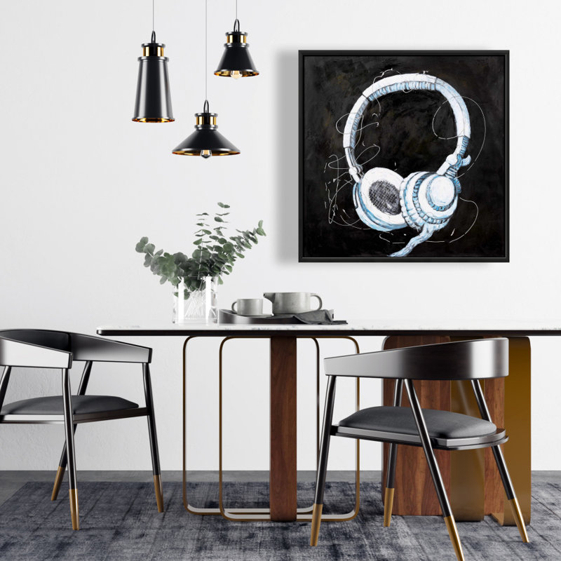 Toile illustrative pour casque d'écoute musicale | Décoration bleue encadrée